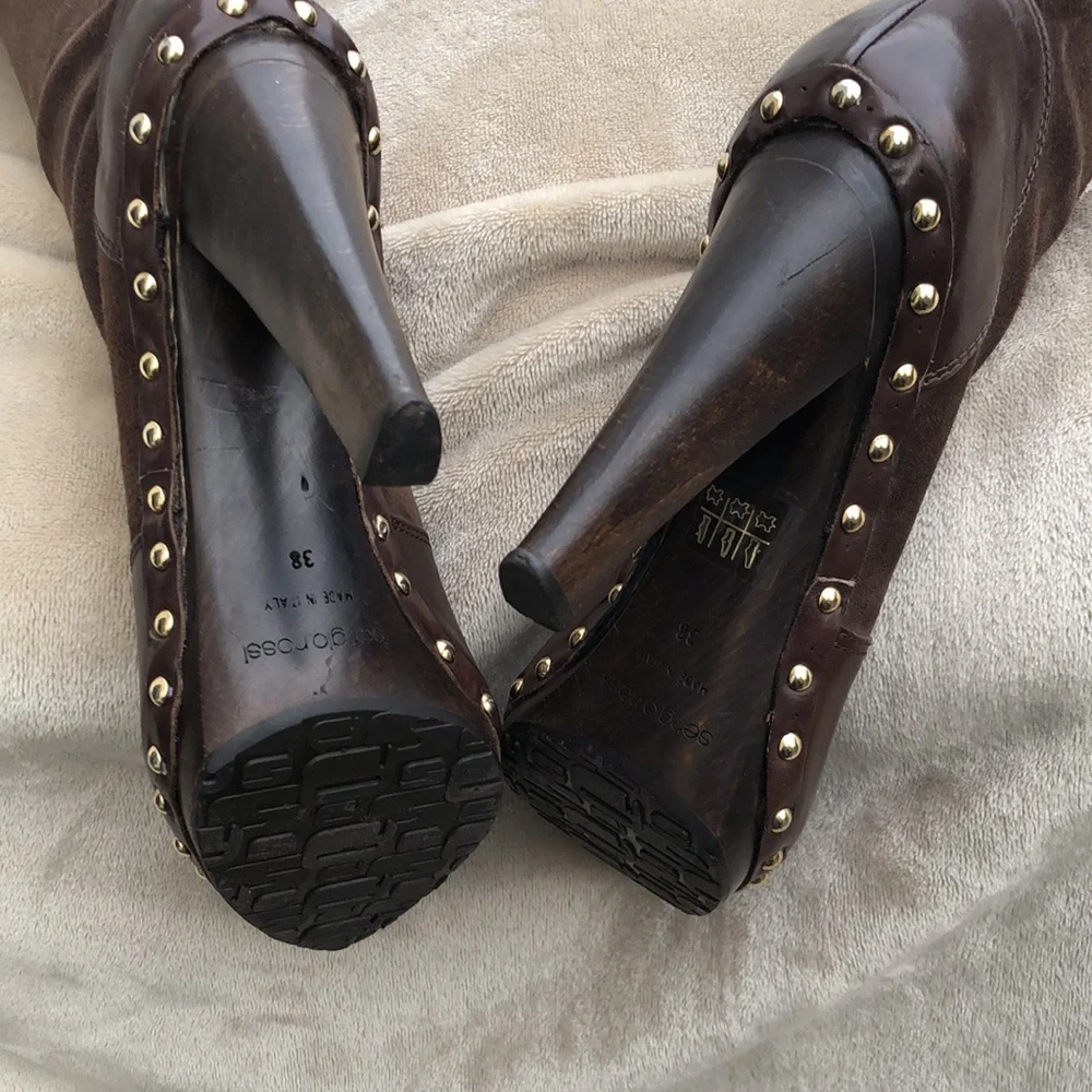 SERGIO ROSSI Chocolate Brown Suede/Leather Over the Knee Boot with Gold Studs